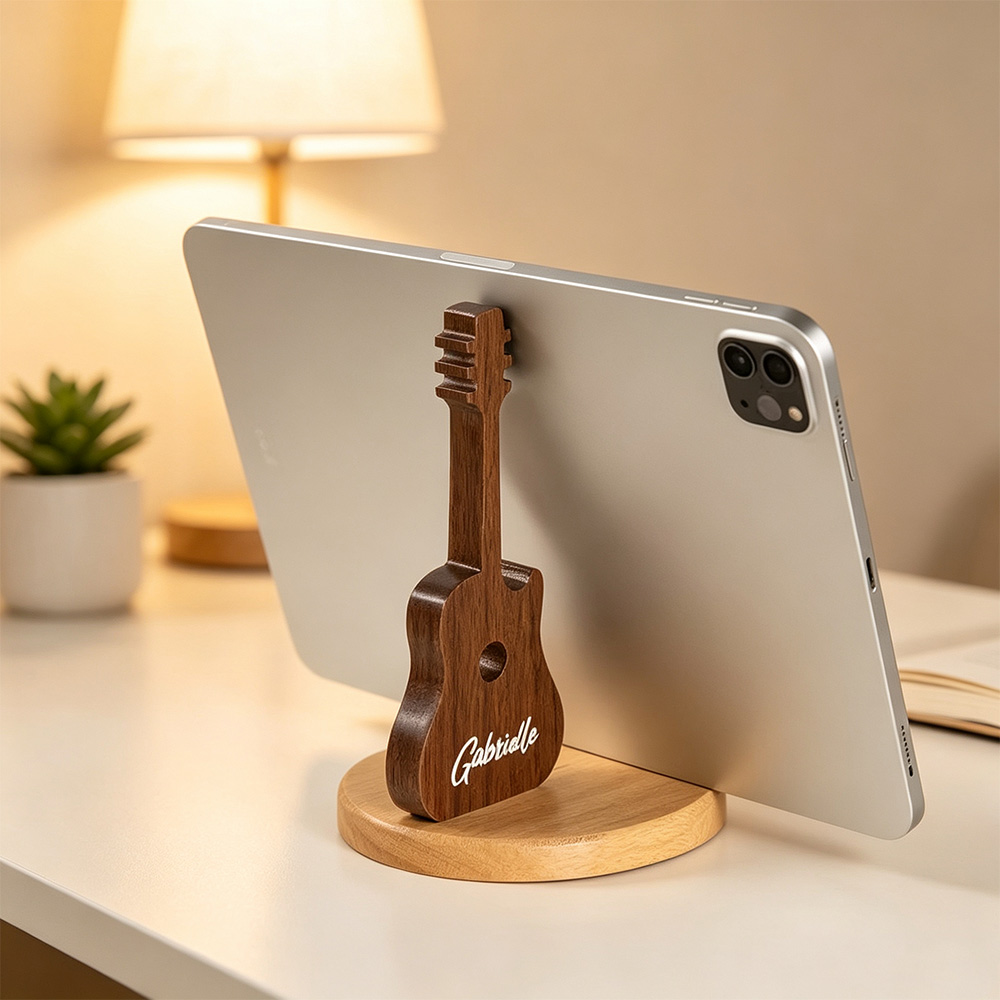 Personalised Guitar-Shaped Wooden Phone Stand with Engraved Name, Desktop Mobile Holder and Music Lover Gift