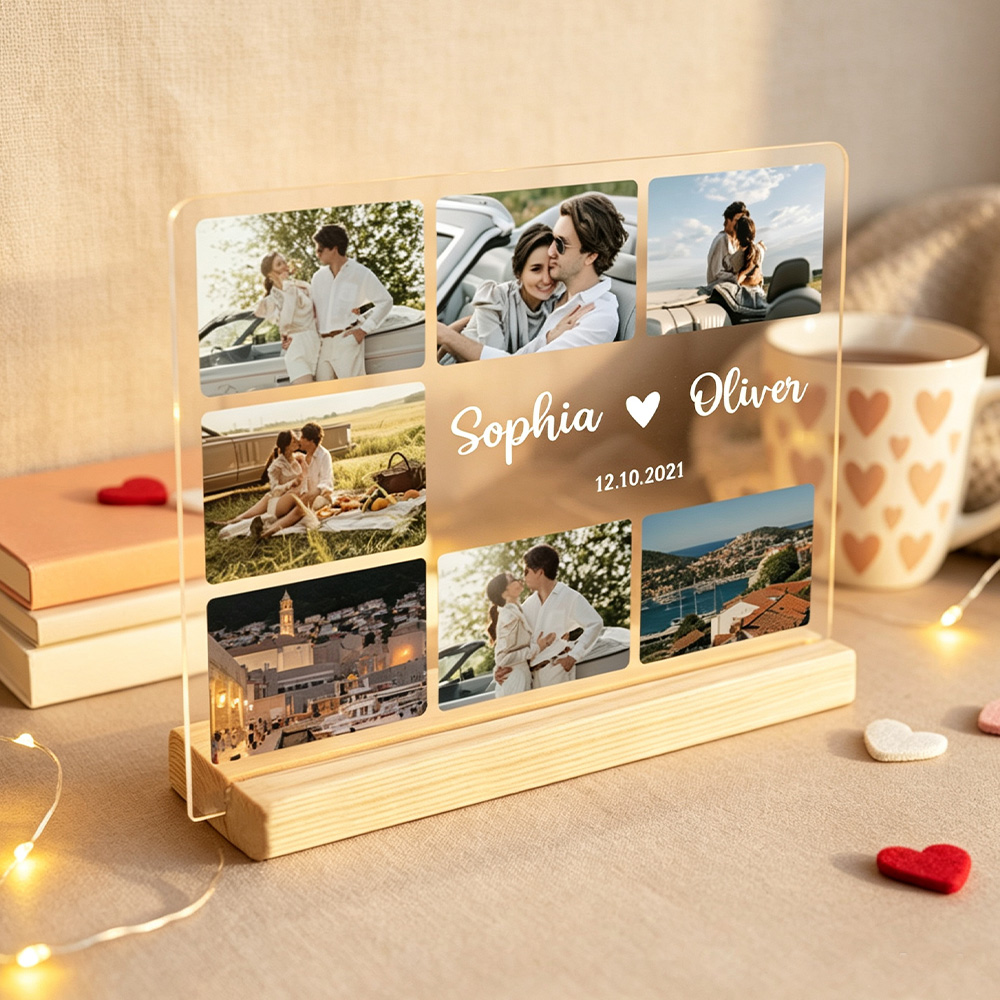 Personalized Couple Photo Night Light, Custom Acrylic LED Lamp with Photos & Names, Romantic Anniversary Gift for Couples, Wedding Keepsake