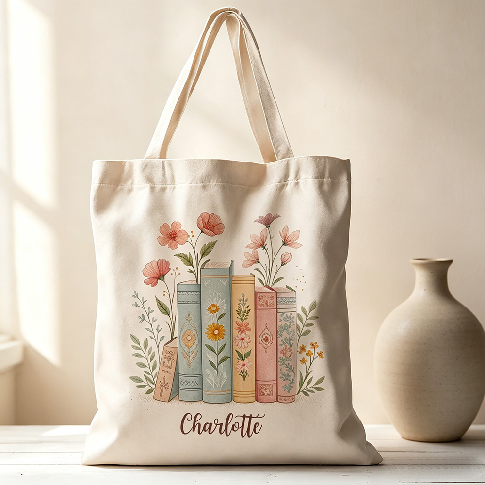 Personalized Floral Book Stack Tote Bag – Custom Name Canvas Tote for Book Lovers, Teachers & Librarians
