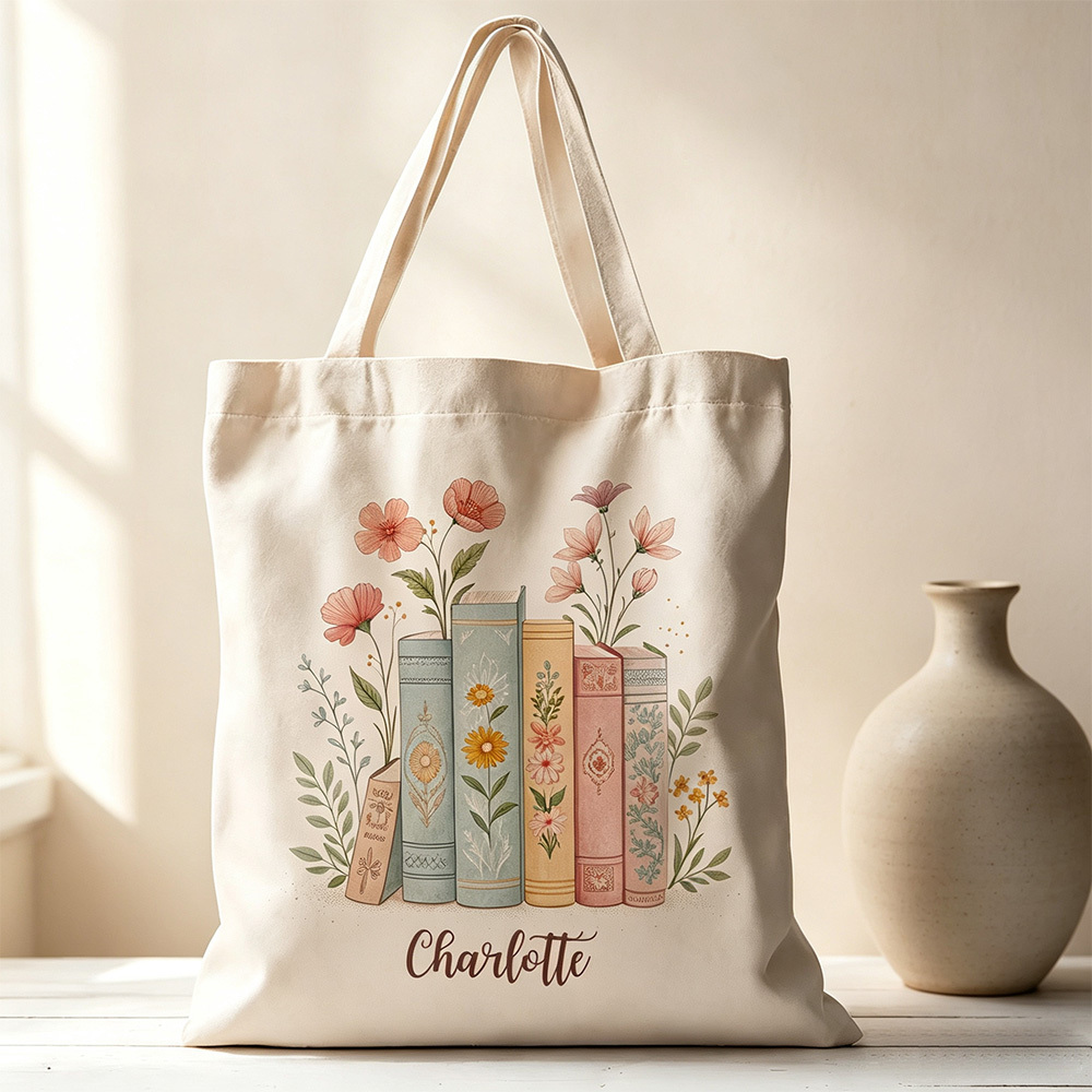 Personalized Floral Book Stack Tote Bag – Custom Name Canvas Tote for Book Lovers, Teachers & Librarians