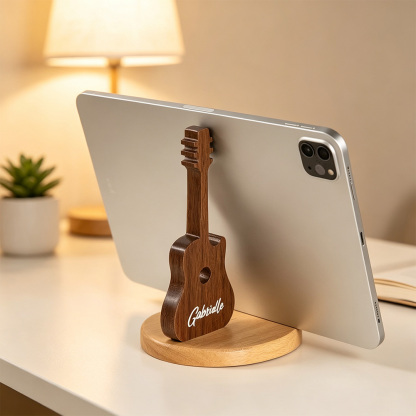 Personalised Guitar-Shaped Wooden Phone Stand with Engraved Name, Desktop Mobile Holder and Music Lover Gift