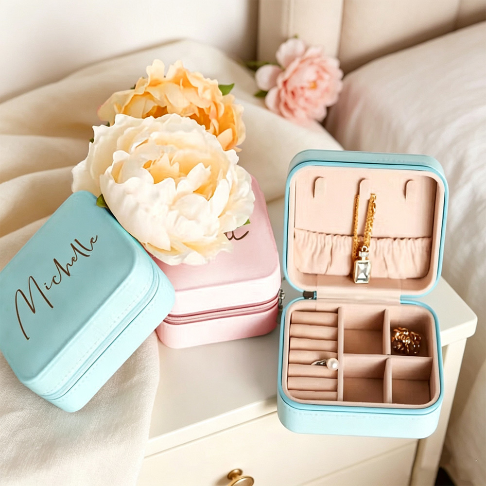 Personalised PU Leather Travel Jewellery Box with Name, Portable Jewellery Organiser for Rings, Earrings and Necklaces, Birthday or Wedding Gift for Women