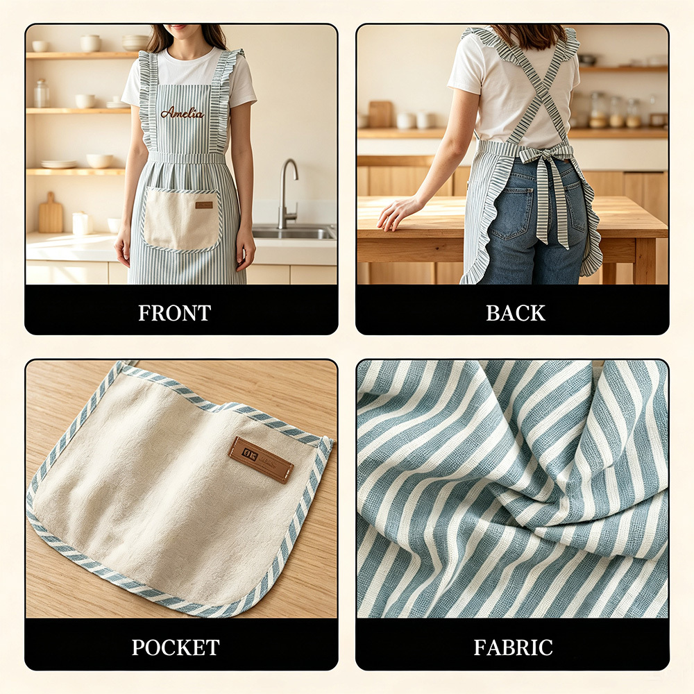 Personalized Embroidered Apron, Custom Name Striped Cooking Apron with Pocket, Baking Gift for Mom, Wife, Grandma or Home Chef