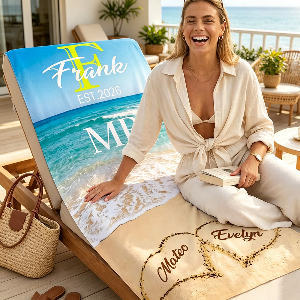 Personalized Mr. & Mrs. Beach Theme Oversized Quick Dry Towel with Initial Names, Couple Sand Beach Blanket for Wedding Anniversary Birthday Party Gift