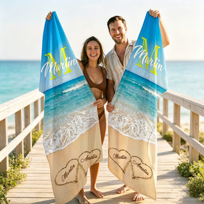 Personalized Mr. & Mrs. Beach Theme Oversized Quick Dry Towel with Initial Names, Couple Sand Beach Blanket for Wedding Anniversary Birthday Party Gift