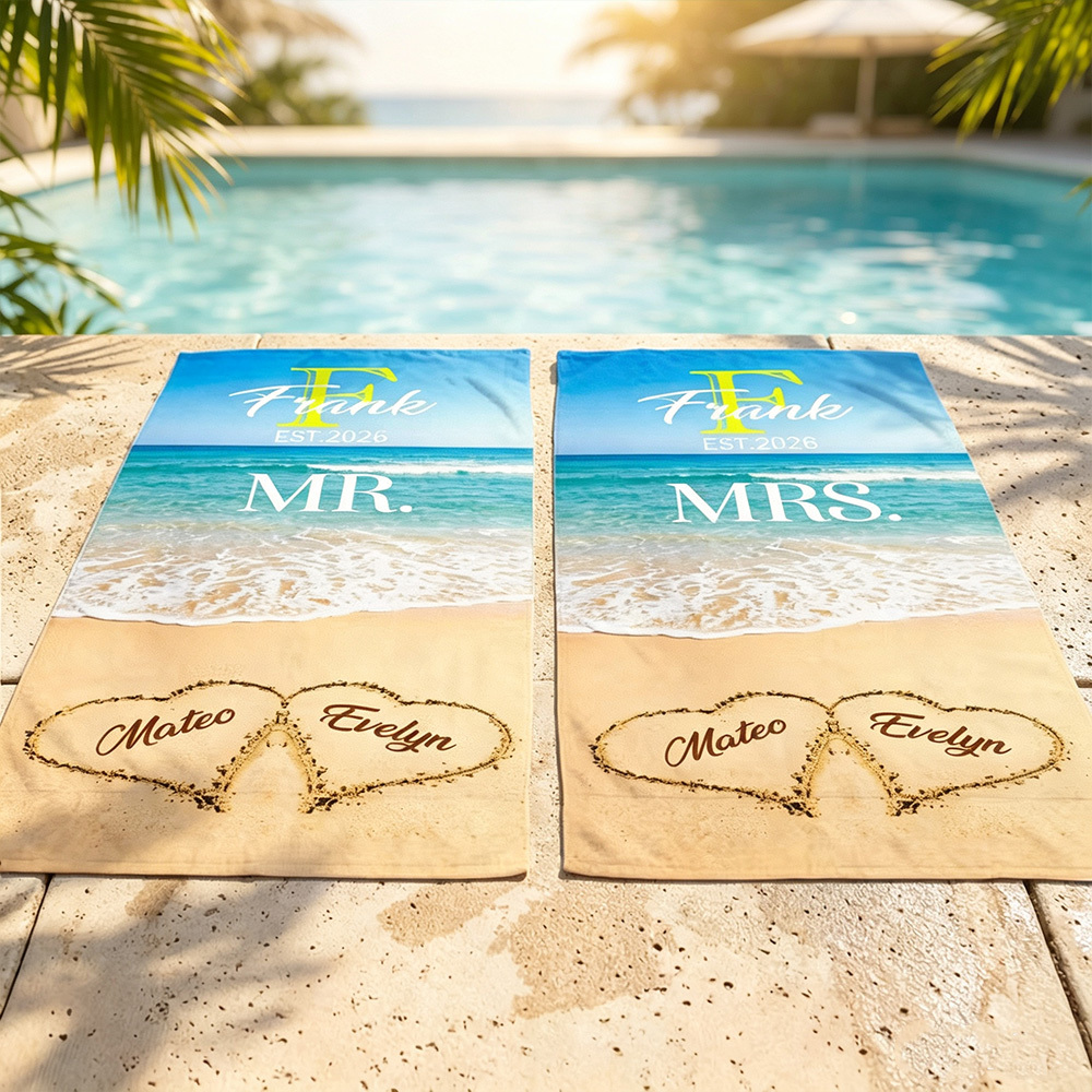 Personalized Mr. & Mrs. Beach Theme Oversized Quick Dry Towel with Initial Names, Couple Sand Beach Blanket for Wedding Anniversary Birthday Party Gift