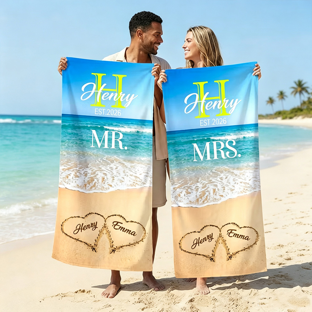 Personalized Mr. & Mrs. Beach Theme Oversized Quick Dry Towel with Initial Names, Couple Sand Beach Blanket for Wedding Anniversary Birthday Party Gift