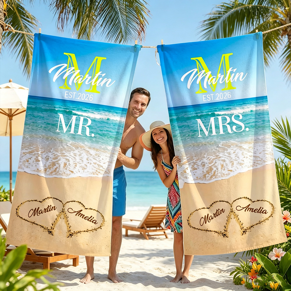 Personalized Mr. & Mrs. Beach Theme Oversized Quick Dry Towel with Initial Names, Couple Sand Beach Blanket for Wedding Anniversary Birthday Party Gift