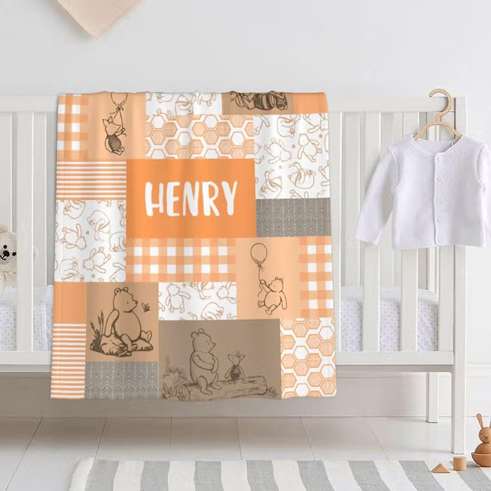 Personalized Classic Winnie the Pooh Baby Blanket with Name, Cute Nursery Fleece Throw for Baby Shower, Birthday & Children's Day Gift