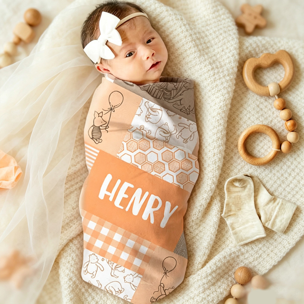 Personalized Classic Winnie the Pooh Baby Blanket with Name, Cute Nursery Fleece Throw for Baby Shower, Birthday & Children's Day Gift