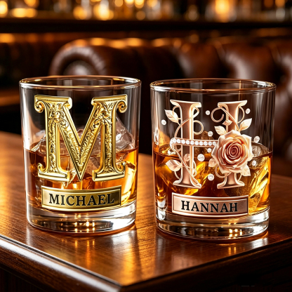 Personalized Whiskey Glass with Initials & Roses, Custom 10oz Old Fashioned Rocks Glass, Anniversary Gift for Couples