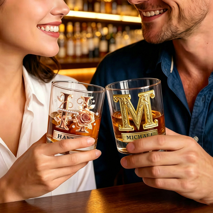 Personalized Whiskey Glass with Initials & Roses, Custom 10oz Old Fashioned Rocks Glass, Anniversary Gift for Couples