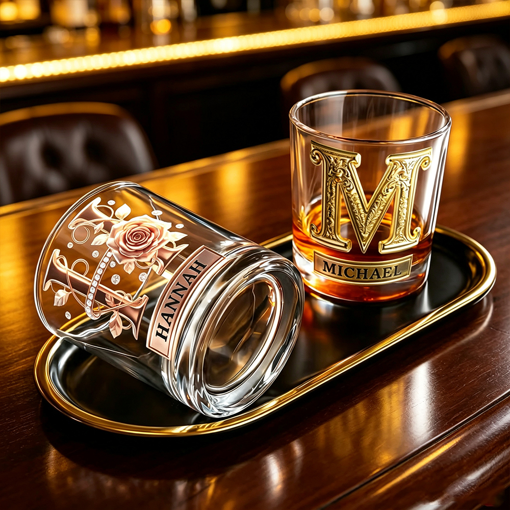 Personalized Whiskey Glass with Initials & Roses, Custom 10oz Old Fashioned Rocks Glass, Anniversary Gift for Couples