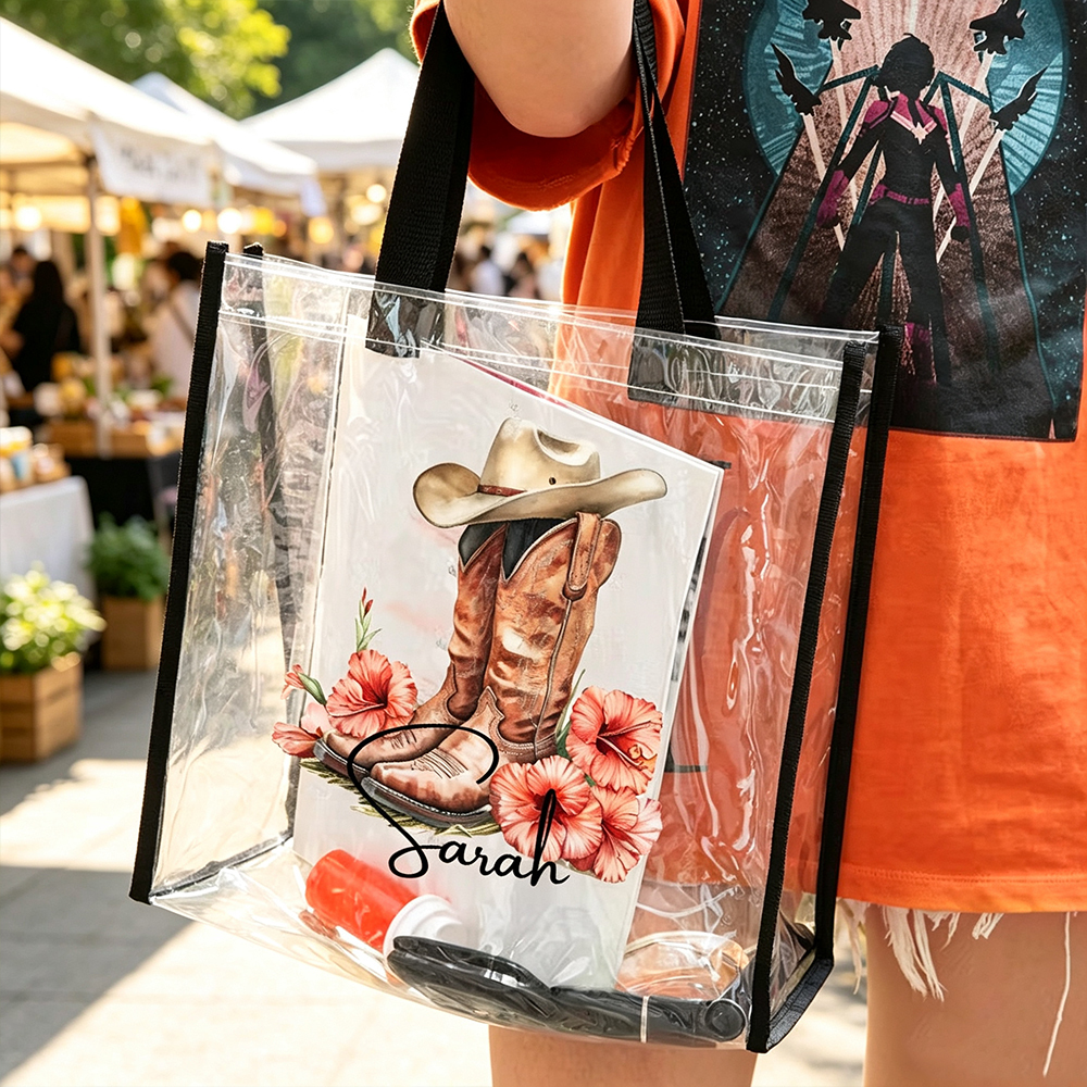 Personalized Vintage Western Cowboy Hat & Boots Birth Flower Clear Tote Bag with Name Custom Design Birthday Travel Wedding Party Gift for Women
