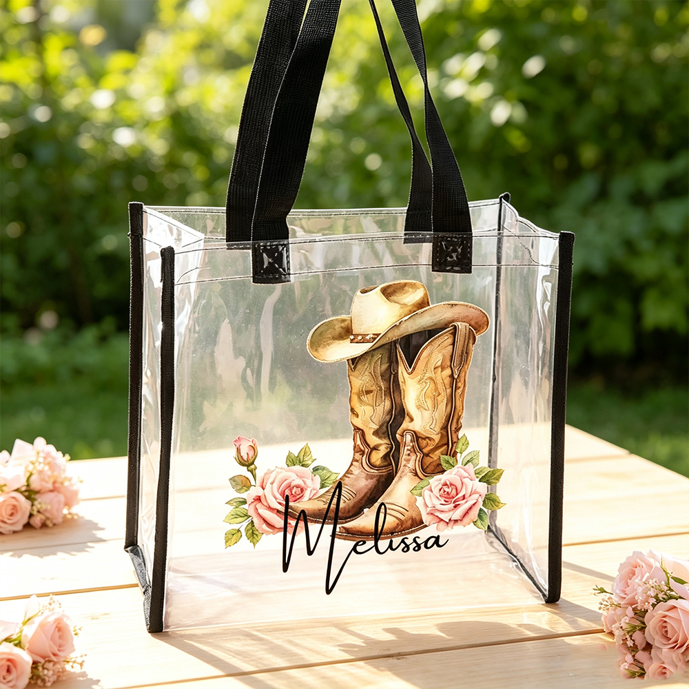 Personalized Vintage Western Cowboy Hat & Boots Birth Flower Clear Tote Bag with Name Custom Design Birthday Travel Wedding Party Gift for Women