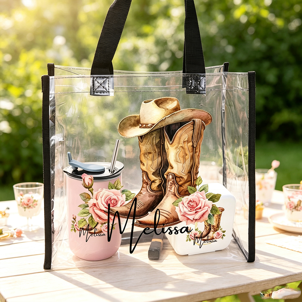 Personalized Vintage Western Cowboy Hat & Boots Birth Flower Clear Tote Bag with Name Custom Design Birthday Travel Wedding Party Gift for Women
