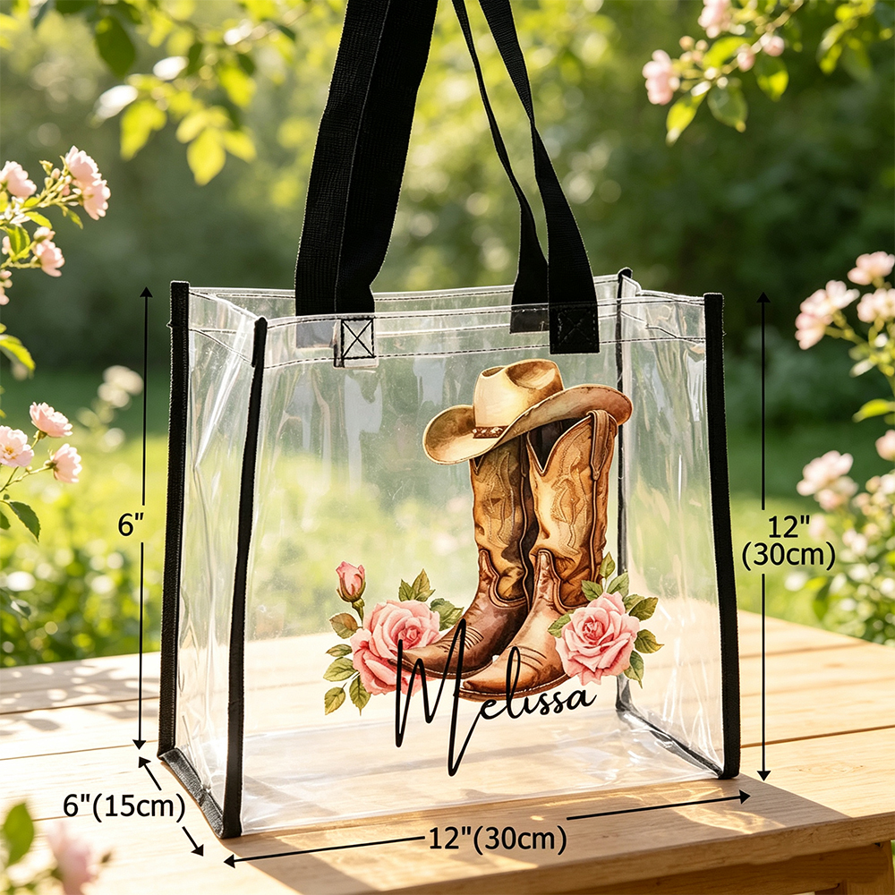 Personalized Vintage Western Cowboy Hat & Boots Birth Flower Clear Tote Bag with Name Custom Design Birthday Travel Wedding Party Gift for Women