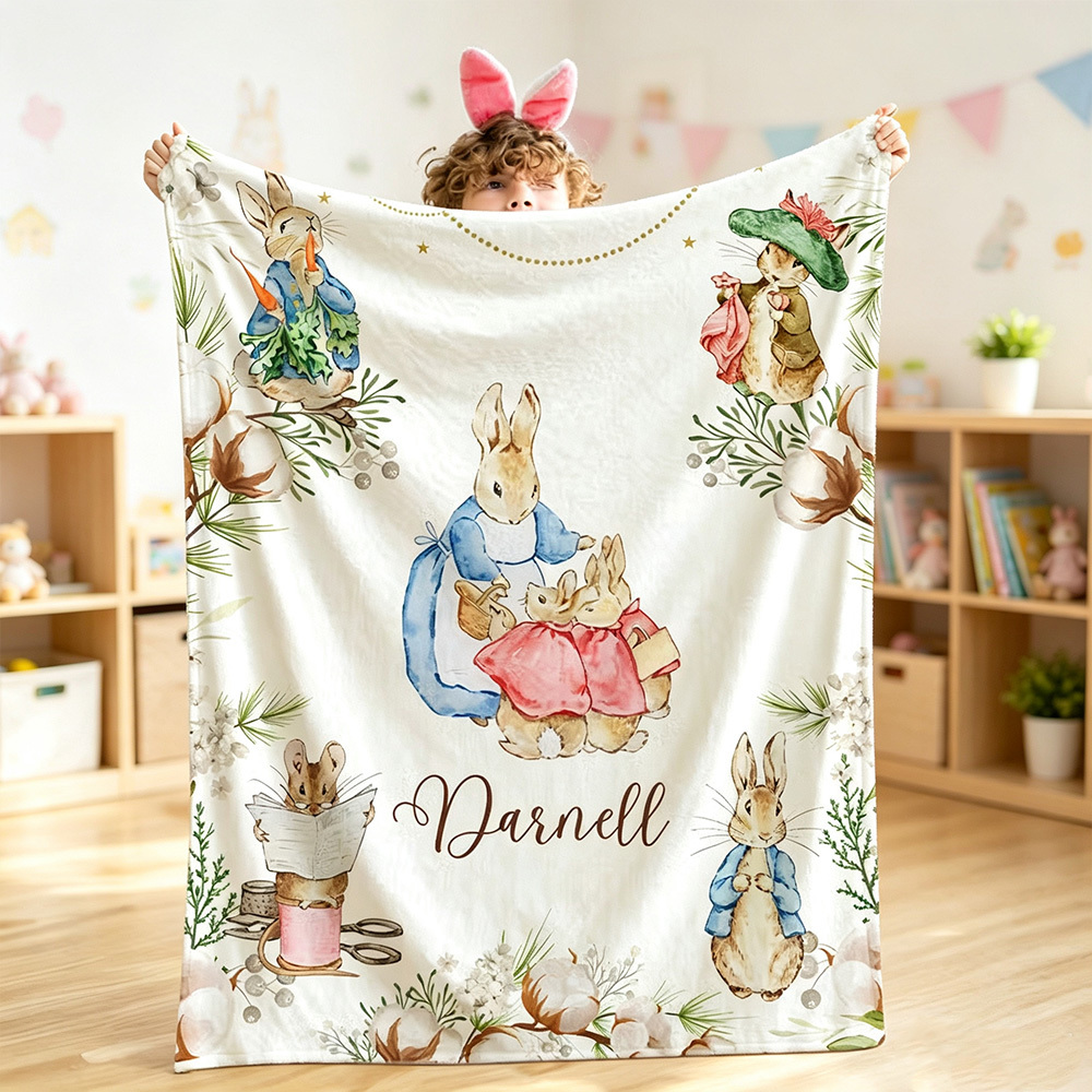Personalized Peter Rabbit Easter Soft Throw Blanket with Name, Cute Bunny Nursery Blanket, Spring Home Decor, Baby Shower Birthday Gift for Newborns & Kids