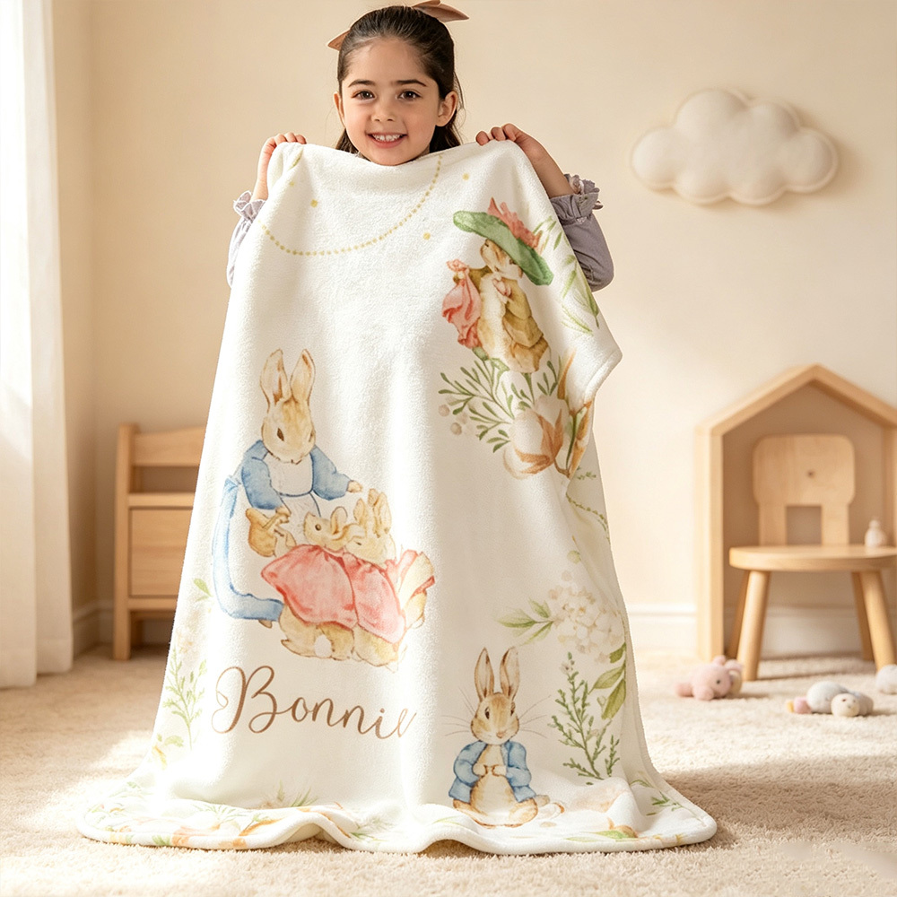 Personalized Peter Rabbit Easter Soft Throw Blanket with Name, Cute Bunny Nursery Blanket, Spring Home Decor, Baby Shower Birthday Gift for Newborns & Kids
