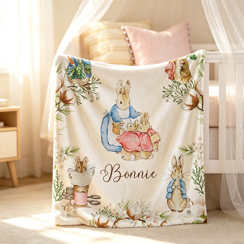 Personalized Peter Rabbit Easter Soft Throw Blanket with Name, Cute Bunny Nursery Blanket, Spring Home Decor, Baby Shower Birthday Gift for Newborns & Kids