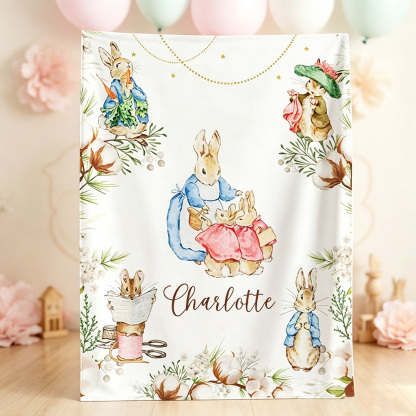 Personalized Peter Rabbit Easter Soft Throw Blanket with Name, Cute Bunny Nursery Blanket, Spring Home Decor, Baby Shower Birthday Gift for Newborns & Kids
