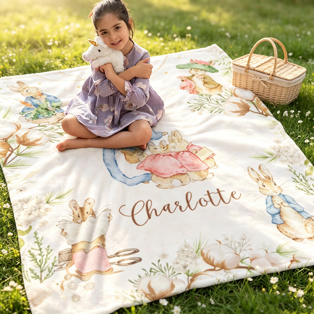 Personalized Peter Rabbit Easter Soft Throw Blanket with Name, Cute Bunny Nursery Blanket, Spring Home Decor, Baby Shower Birthday Gift for Newborns & Kids