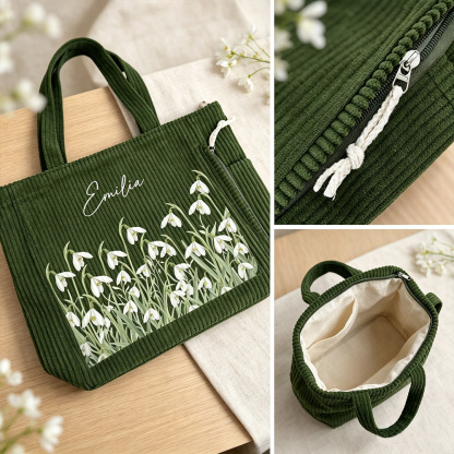 Personalized Birth Flower Corduroy Tote Bag with Name, Large Capacity Floral Shoulder Bag, Birthday Gift for Women