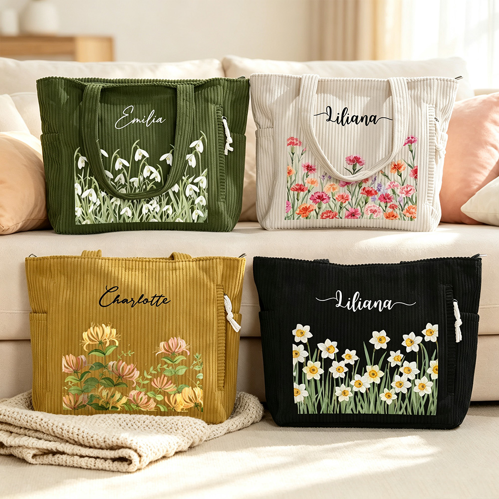 Personalized Birth Flower Corduroy Tote Bag with Name, Large Capacity Floral Shoulder Bag, Birthday Gift for Women