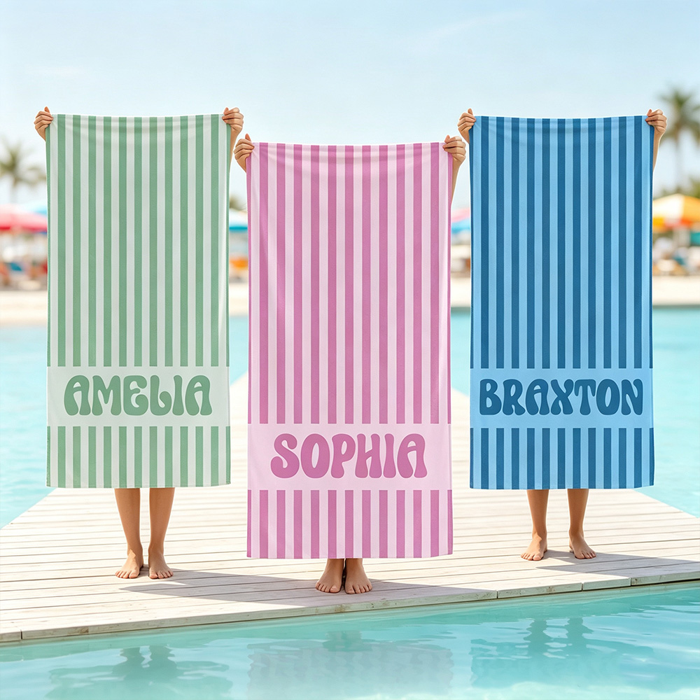 Personalized Striped Beach Towel with Name, Custom Retro Bath Towel, Bachelorette Party Gift for Bridesmaids
