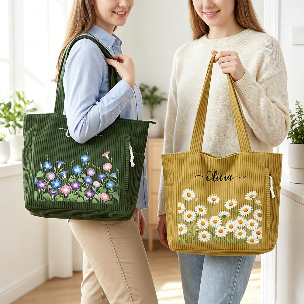 Personalized Birth Flower Corduroy Tote Bag with Name, Large Capacity Floral Shoulder Bag, Birthday Gift for Women