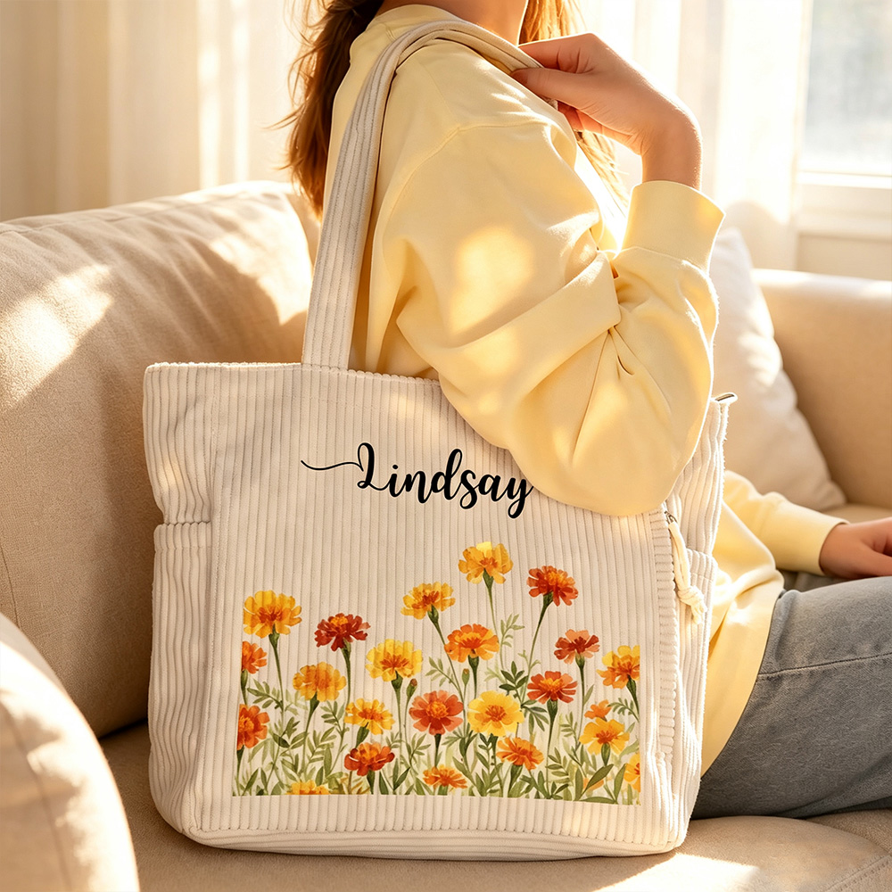 Personalized Birth Flower Corduroy Tote Bag with Name, Large Capacity Floral Shoulder Bag, Birthday Gift for Women
