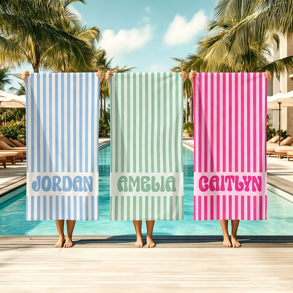 Personalized Striped Beach Towel with Name, Custom Retro Bath Towel, Bachelorette Party Gift for Bridesmaids