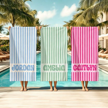 Personalized Striped Beach Towel with Name, Custom Retro Bath Towel, Bachelorette Party Gift for Bridesmaids