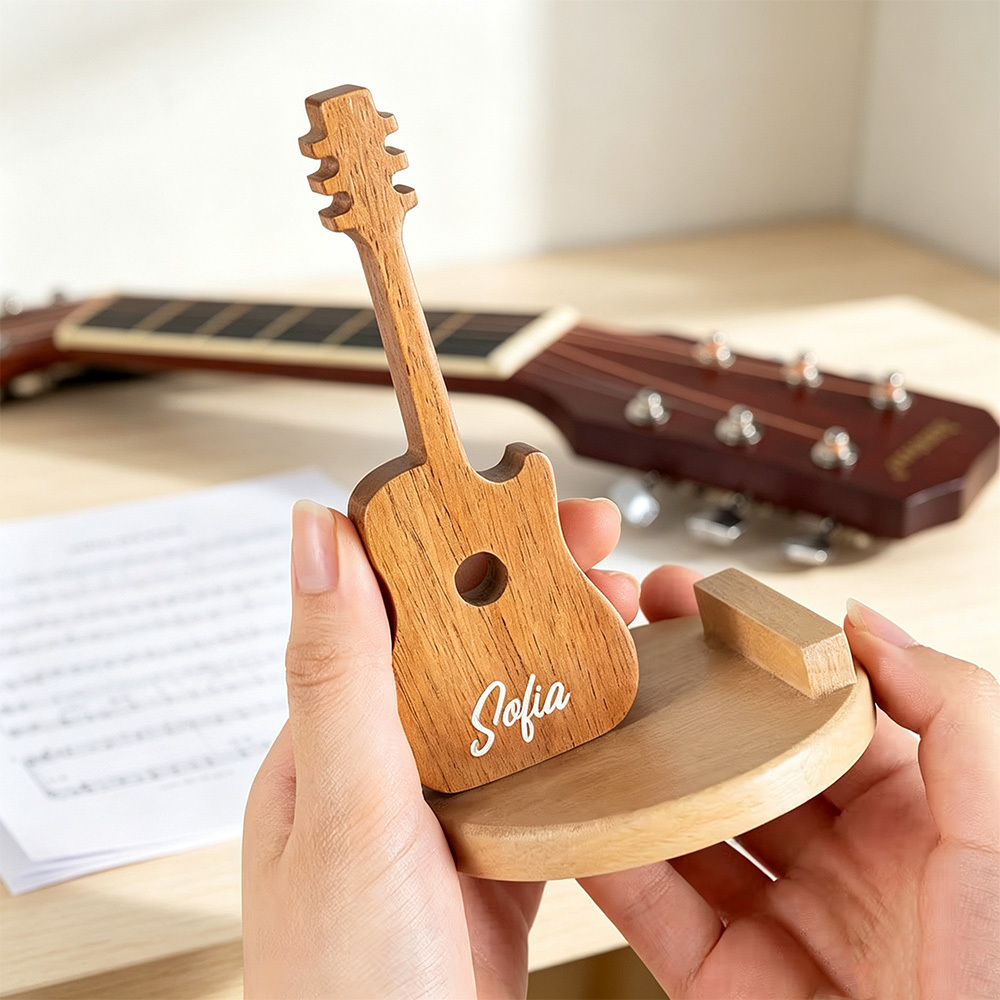 Personalised Guitar-Shaped Wooden Phone Stand with Engraved Name, Desktop Mobile Holder and Music Lover Gift