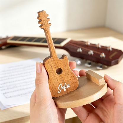 Personalised Guitar-Shaped Wooden Phone Stand with Engraved Name, Desktop Mobile Holder and Music Lover Gift