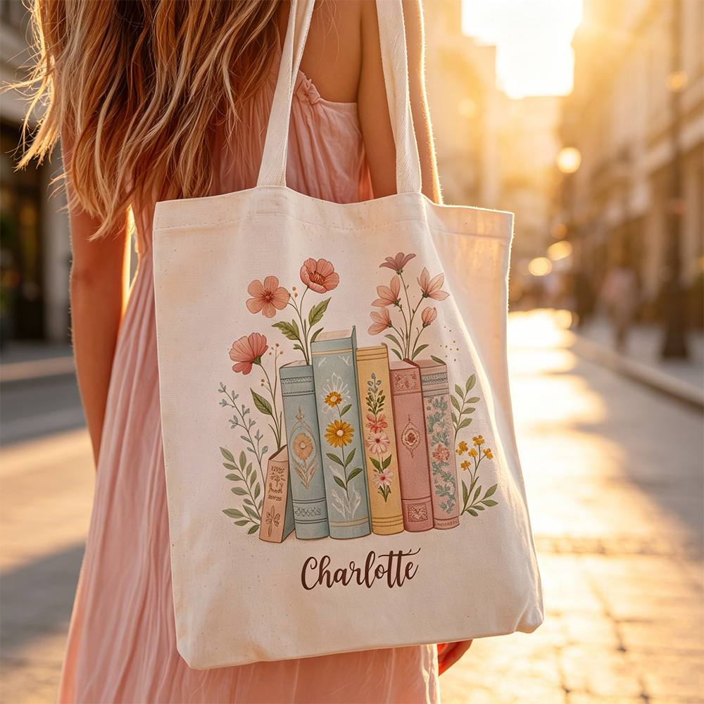 Personalized Floral Book Stack Tote Bag – Custom Name Canvas Tote for Book Lovers, Teachers & Librarians