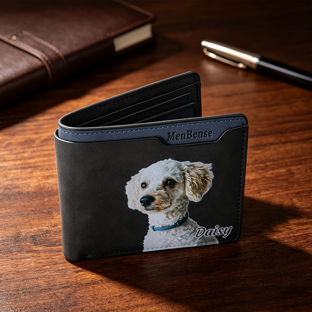Personalized Pet Portrait Men's Leather Wallet with Name, Custom Oil Painting Style Wallet, Gift for Dog & Cat Lovers