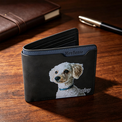 Personalized Pet Portrait Men's Leather Wallet with Name, Custom Oil Painting Style Wallet, Gift for Dog & Cat Lovers