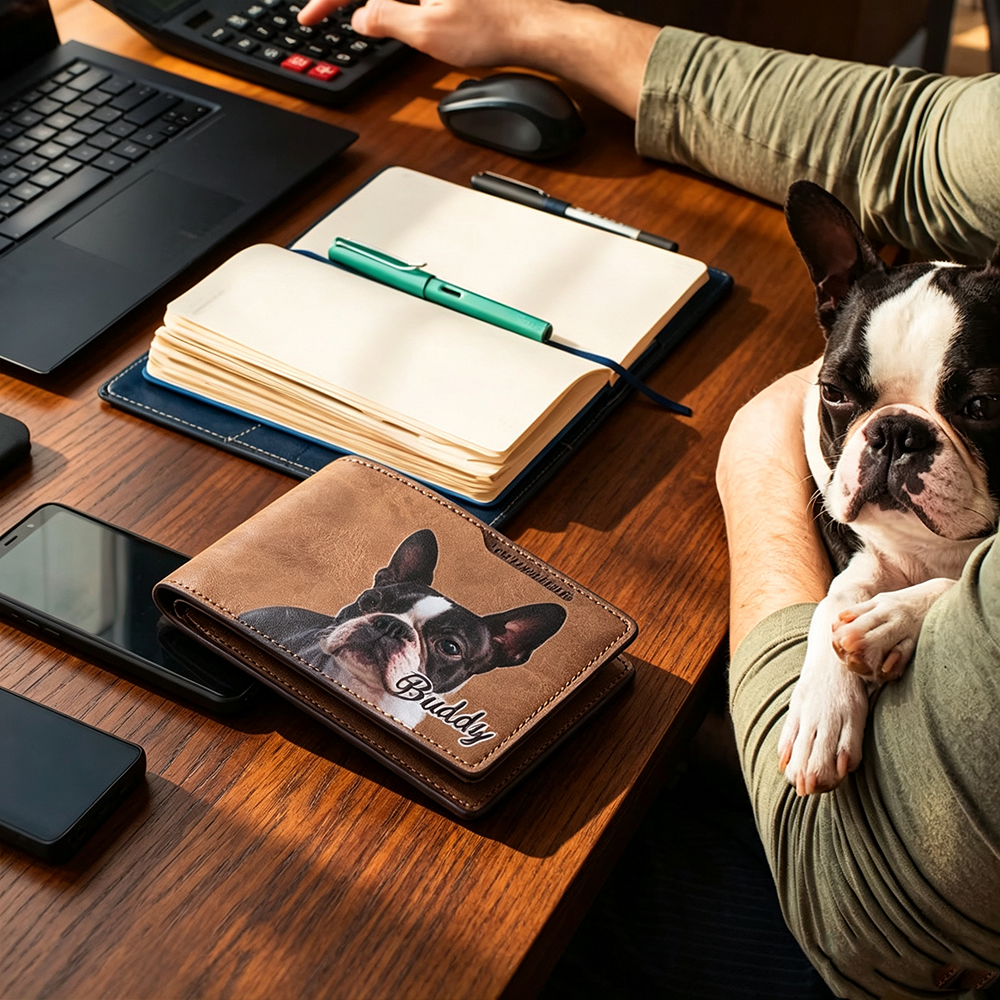 Personalized Pet Portrait Men's Leather Wallet with Name, Custom Oil Painting Style Wallet, Gift for Dog & Cat Lovers