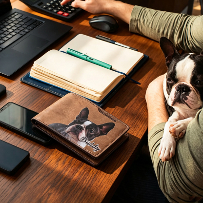 Personalized Pet Portrait Men's Leather Wallet with Name, Custom Oil Painting Style Wallet, Gift for Dog & Cat Lovers