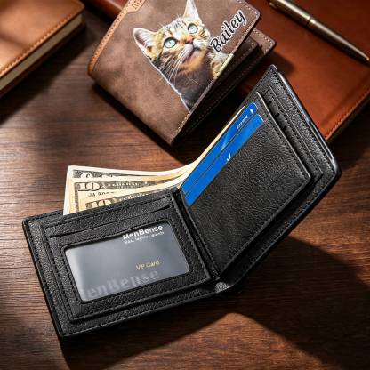 Personalized Pet Portrait Men's Leather Wallet with Name, Custom Oil Painting Style Wallet, Gift for Dog & Cat Lovers