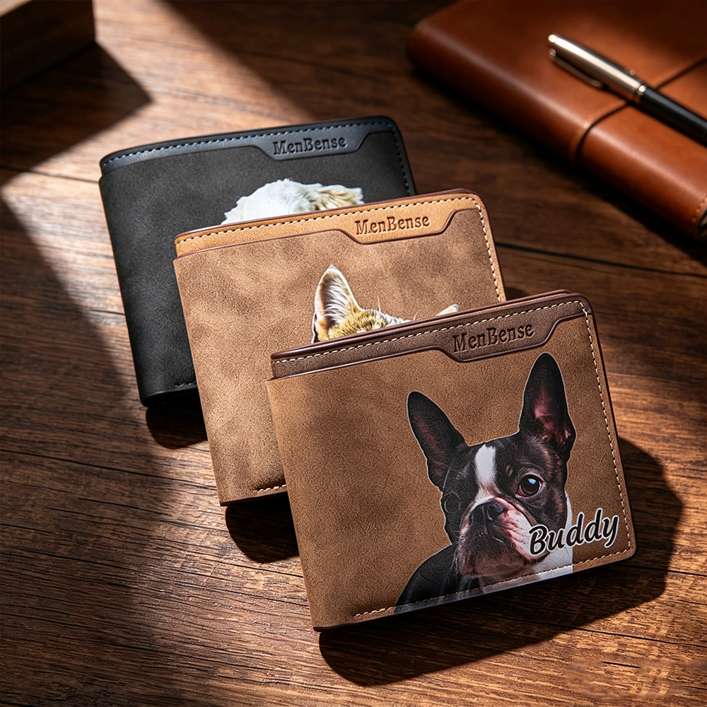 Personalized Pet Portrait Men's Leather Wallet with Name, Custom Oil Painting Style Wallet, Gift for Dog & Cat Lovers