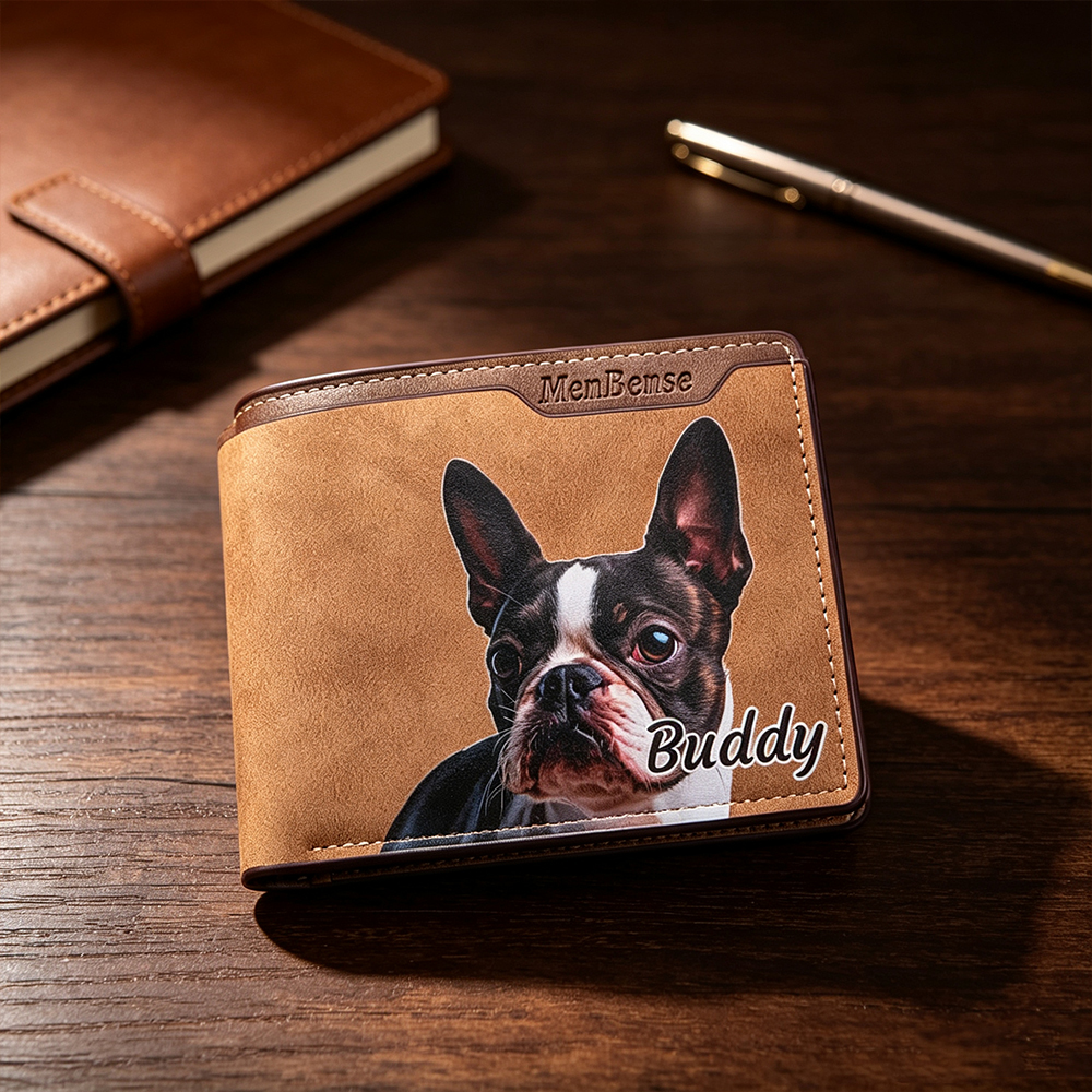 Personalized Pet Portrait Men's Leather Wallet with Name, Custom Oil Painting Style Wallet, Gift for Dog & Cat Lovers
