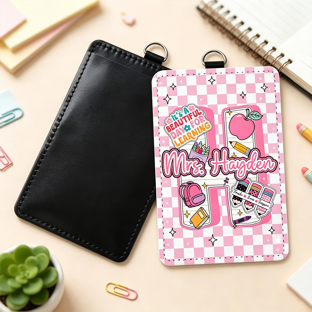 Personalized Apple Teacher ID Badge Holder with Initial & Name, Cute PU Leather Badge Reel Holder for Teachers, School Staff Appreciation Gift