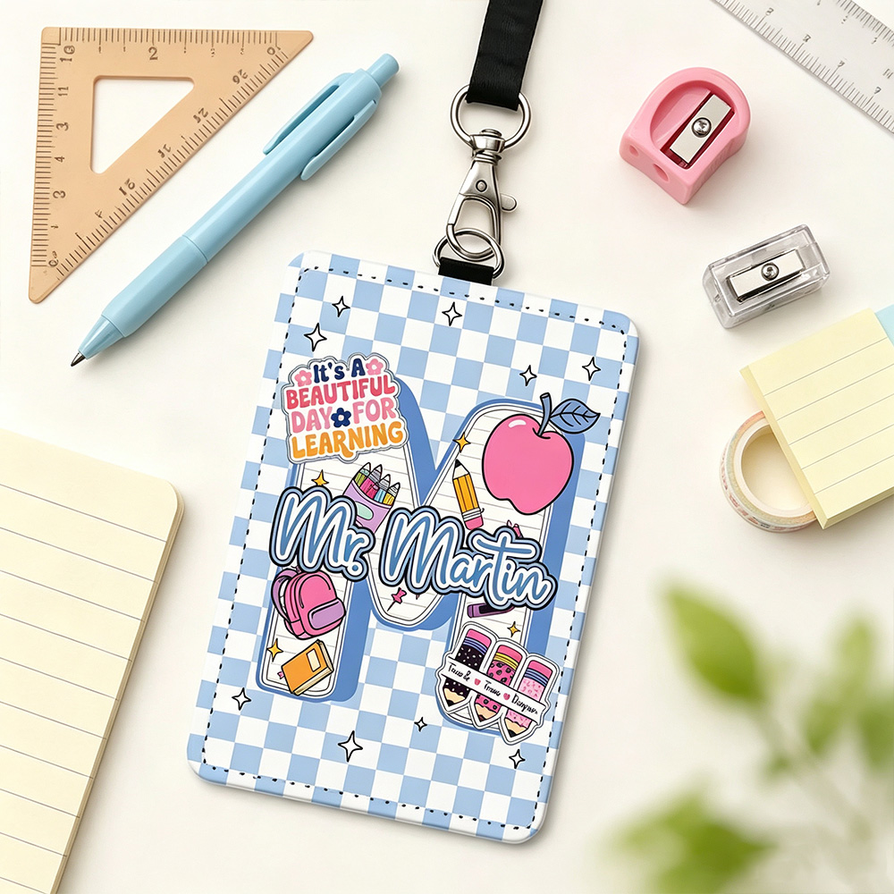 Personalized Apple Teacher ID Badge Holder with Initial & Name, Cute PU Leather Badge Reel Holder for Teachers, School Staff Appreciation Gift