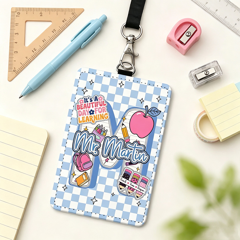 Personalized Apple Teacher ID Badge Holder with Initial & Name, Cute PU Leather Badge Reel Holder for Teachers, School Staff Appreciation Gift