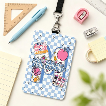 Personalized Apple Teacher ID Badge Holder with Initial & Name, Cute PU Leather Badge Reel Holder for Teachers, School Staff Appreciation Gift