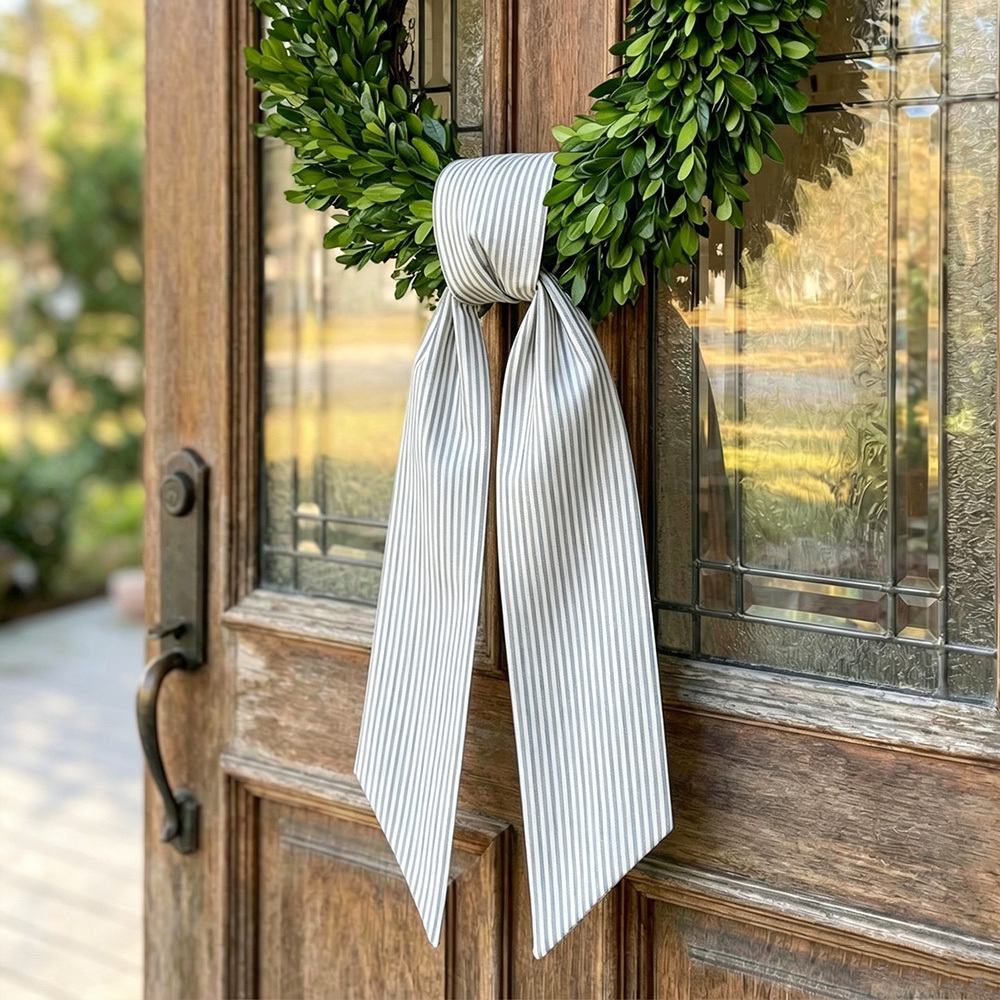 Personalized Green Striped Wreath Sash, Custom Text Outdoor Wreath Bow, Fall Front Door Decor