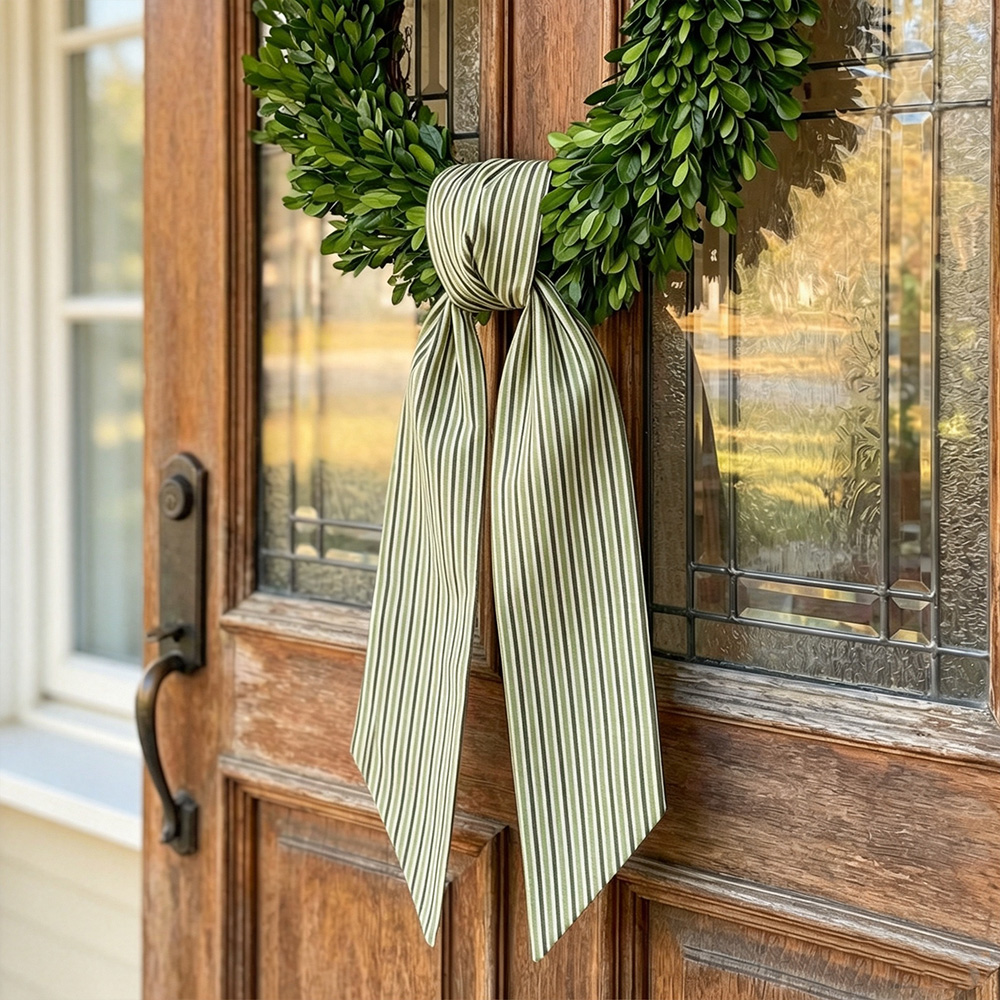 Personalized Green Striped Wreath Sash, Custom Text Outdoor Wreath Bow, Fall Front Door Decor