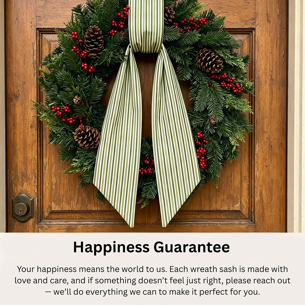 Personalized Green Striped Wreath Sash, Custom Text Outdoor Wreath Bow, Fall Front Door Decor